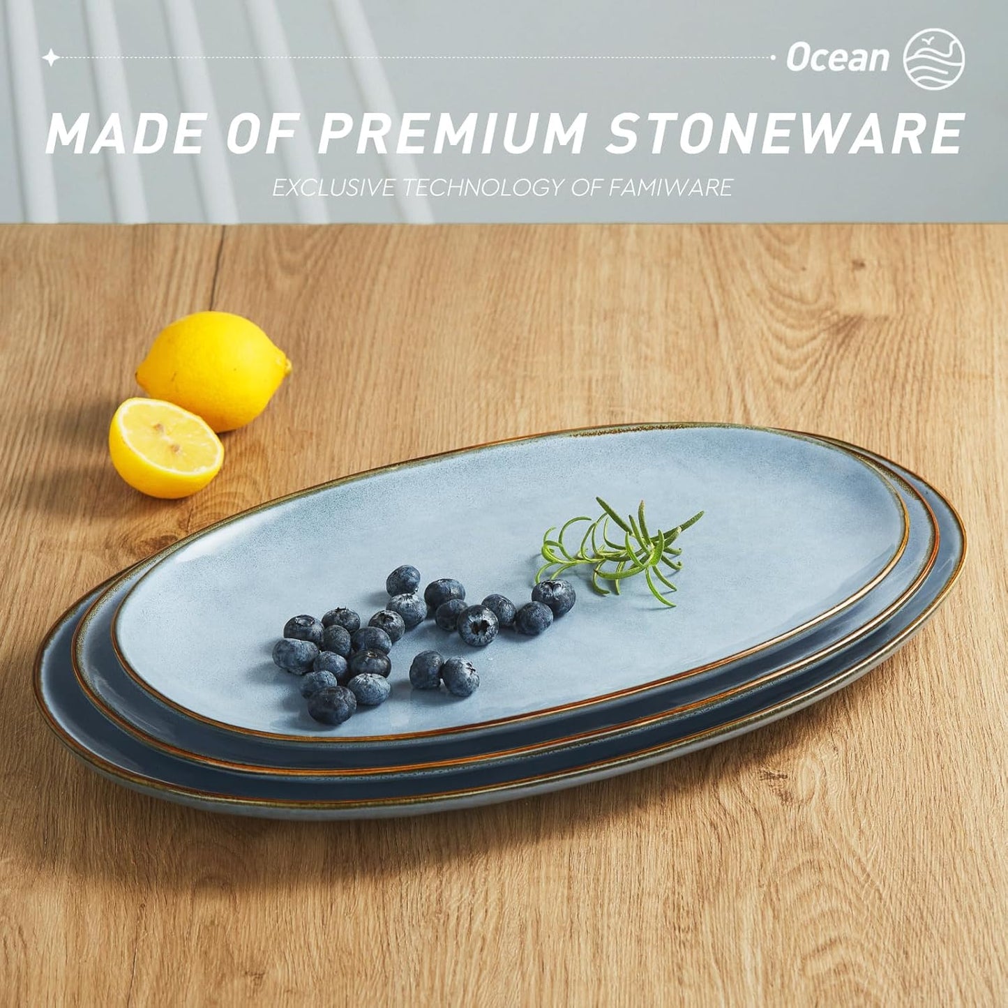 famiware Serving Platter, Oval 15.59/14.3/12.9inch Serving Dishes for Entertaining, Serving Bowls, Reactive Glaze, Stoneware Serving Trays for Party, Food, Turkey, Cheese, Ocean Series, Blue