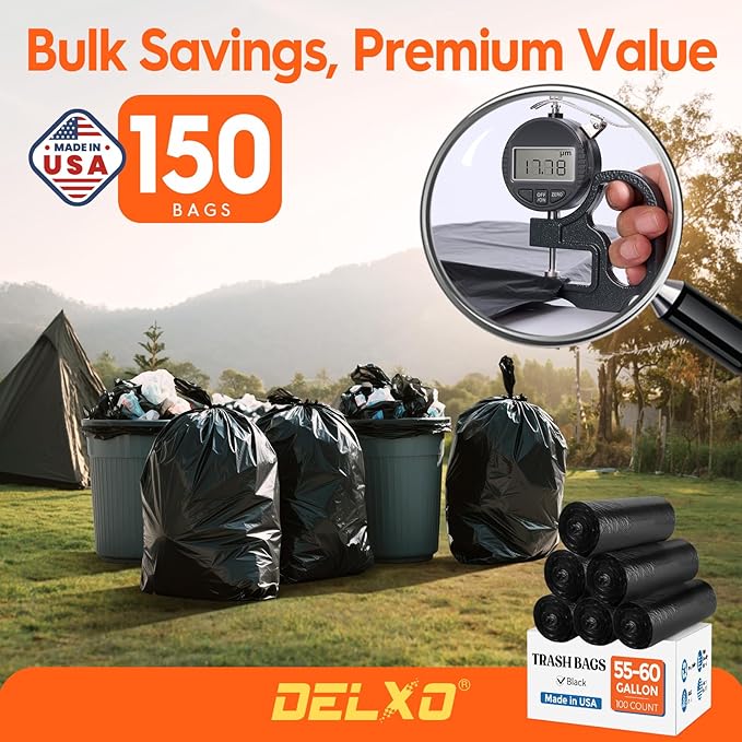 DELXO 55-60 Gallon Trash Bags, 150 Count Heavy Duty Large Black Garbage Bags, Thick Durable and Puncture-Resistant Plastic Bags for Kitchens, Yards & Offices, Made in USA