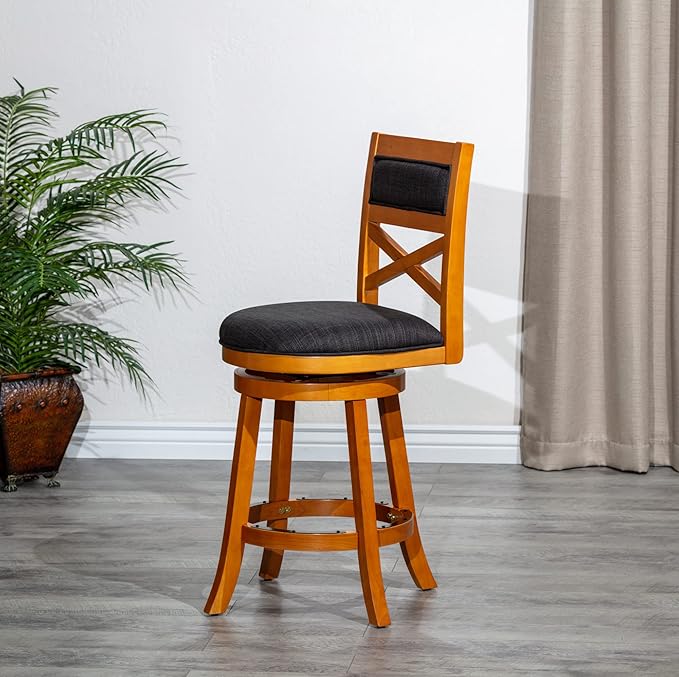 DTY Indoor Living Meeker 24 Inch Counter Height Bar Stools with Backs - Wooden Swivel Counter Stools for Kitchen Island - Charcoal Fabric Seat, Solid Wood Frame, Natural Finish
