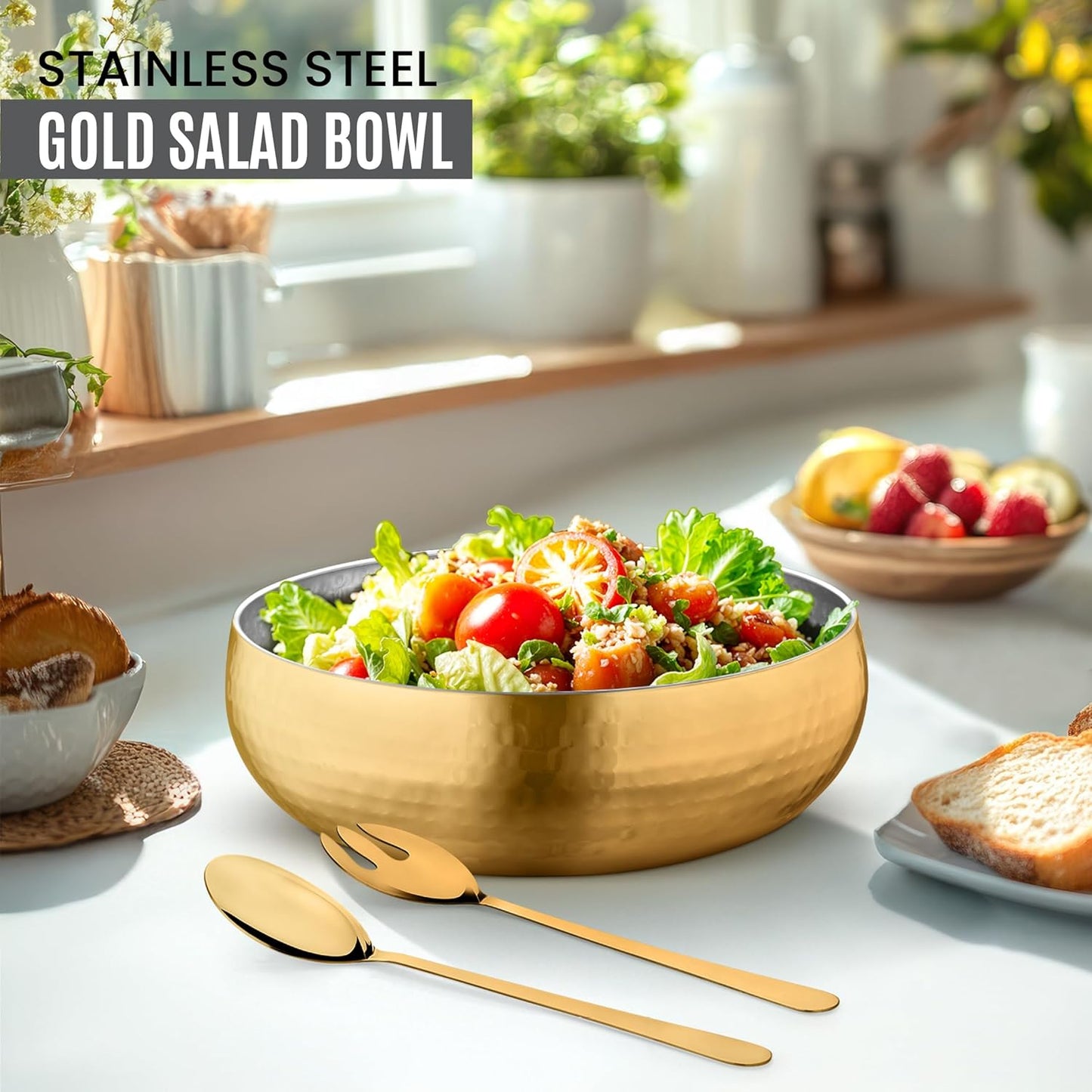 Avador® Set of 3 Premium Stainless Steel Salad Mixing Bowl Hammered Finish | Handmade | Includes Salad Serving Utensils (Gold Plated)