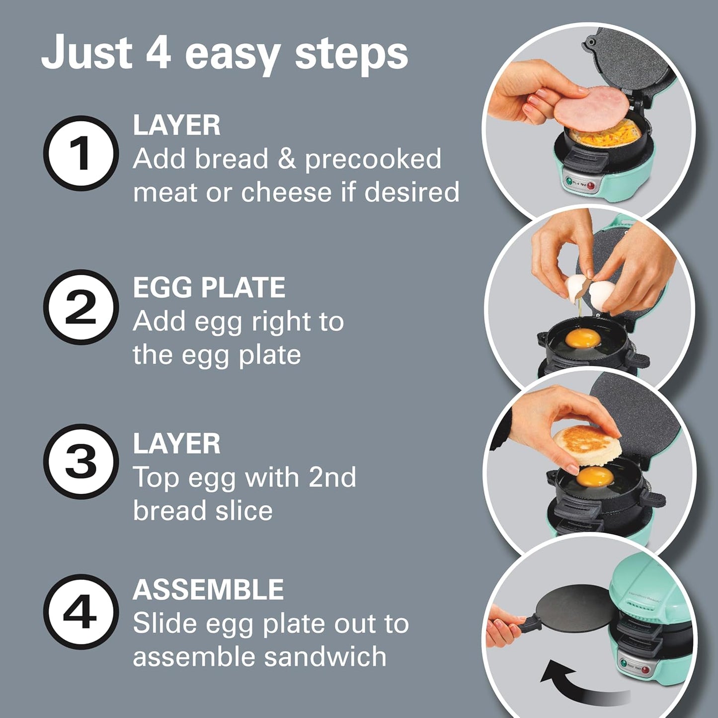 Hamilton Beach Breakfast Sandwich Maker with Egg Cooker Ring, Customize Ingredients, Perfect for English Muffins, Croissants, Mini Waffles, Perfect White Elephant Gifts, Mint (25482)