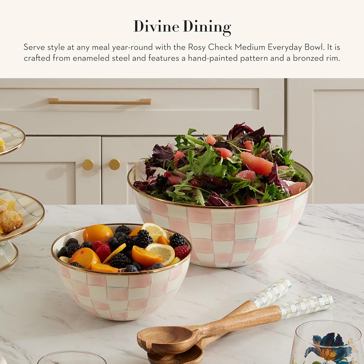 MACKENZIE-CHILDS Enamel Everyday Bowl, Serving Bowl for Entertaining, Medium, Pink-and-White Rosy Check, Set of 1