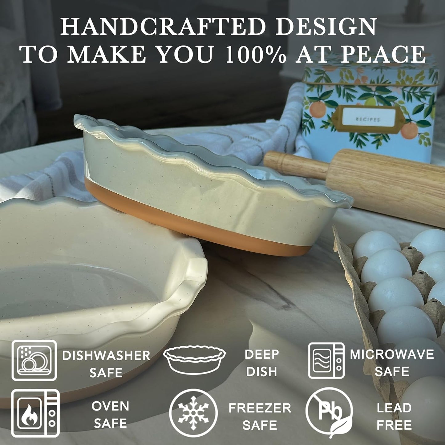 Mora Deep Fluted Ceramic Pie Dish for Apple Pie, Quiche, Tart - 9 inch - Modern Farmhouse Style Porcelain - Earl Grey