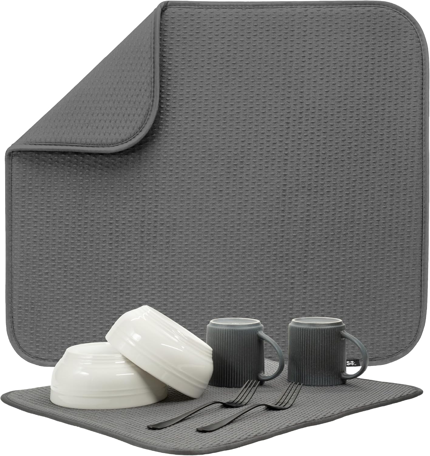 S&T INC. Dish Drying Mat, 16” x 18”, Absorbent Microfiber Kitchen Counter Mat, Drying Pad for Dishes, Utensils, Pots and Pans, Large, Diamond Texture, Grey