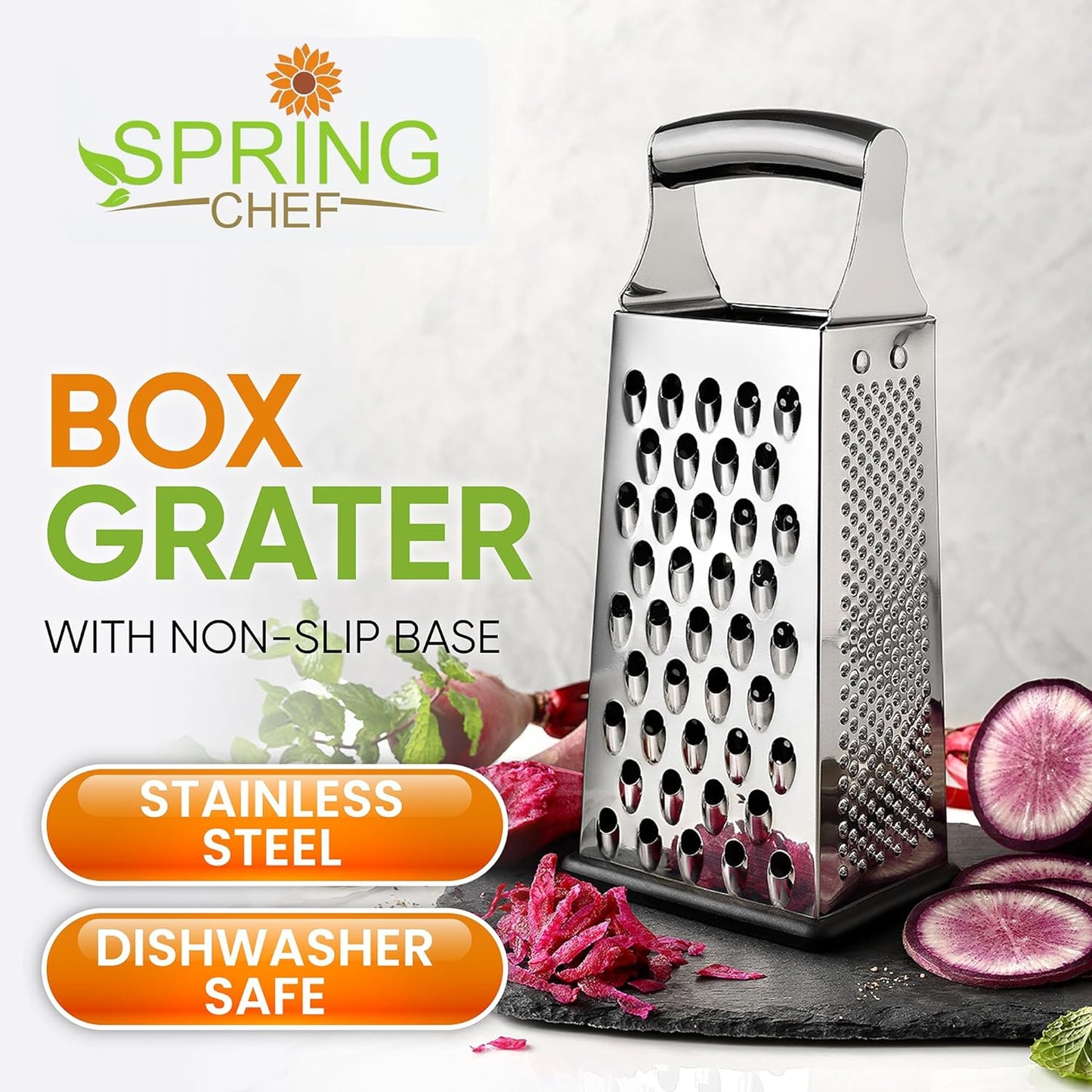 Spring Chef Professional Large Parmesan Cheese Grater, Stainless Steel Metal Box Grater with Handle, 4 Sided Handheld Kitchen Food Shredder for Cheese, Carrot, Veggie, Ginger, Potato - Dishwasher Safe