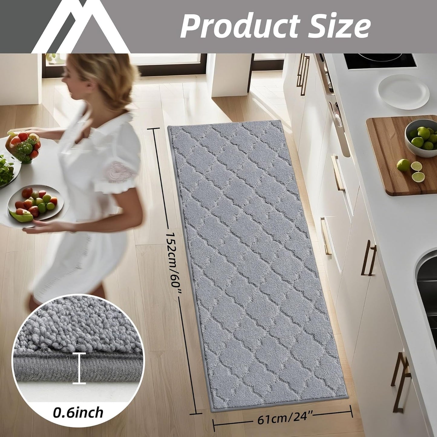 COSY HOMEER-Kitchen-Rugs-Non-Slip-Washable 24"x60" Absorbent Kitchen Runner Rug Polyester Kitchen Mats for Floor Soft Standing Floor Mats for Sink Mat,Hallway,Laundry,Grey