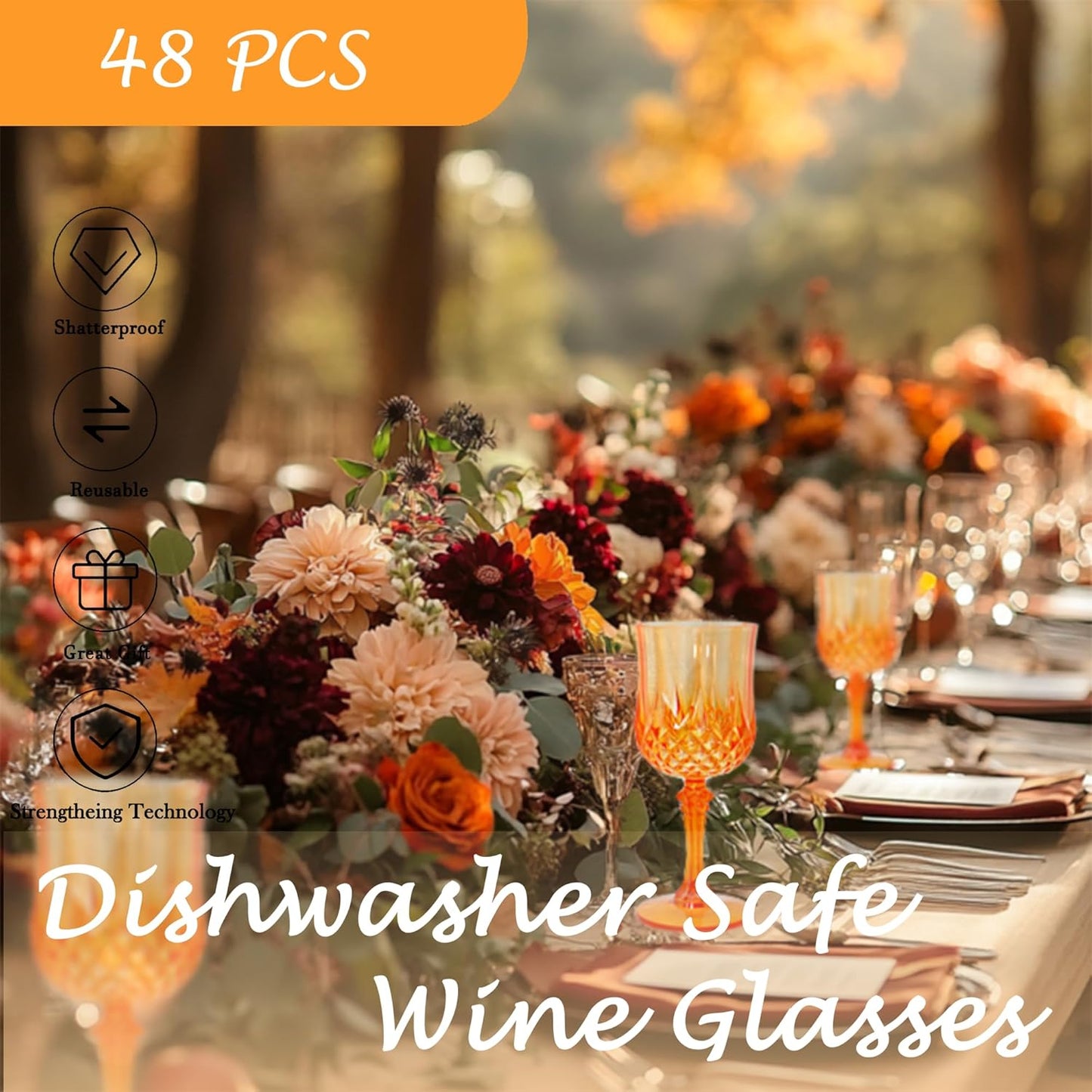 Plastic Wine Glasses，Plastic Goblets Vintage Style Cordial Drinking Glasses for Wedding Reception, Grand Event Party Supplies (48, Pumpkin orange)