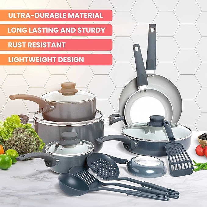 Mueller 16-Piece Nonstick Stone Cookware Set - PFOS/PFOA-Free, Stainless Steamer and Fry Pan, Vented Lids - Light Grey