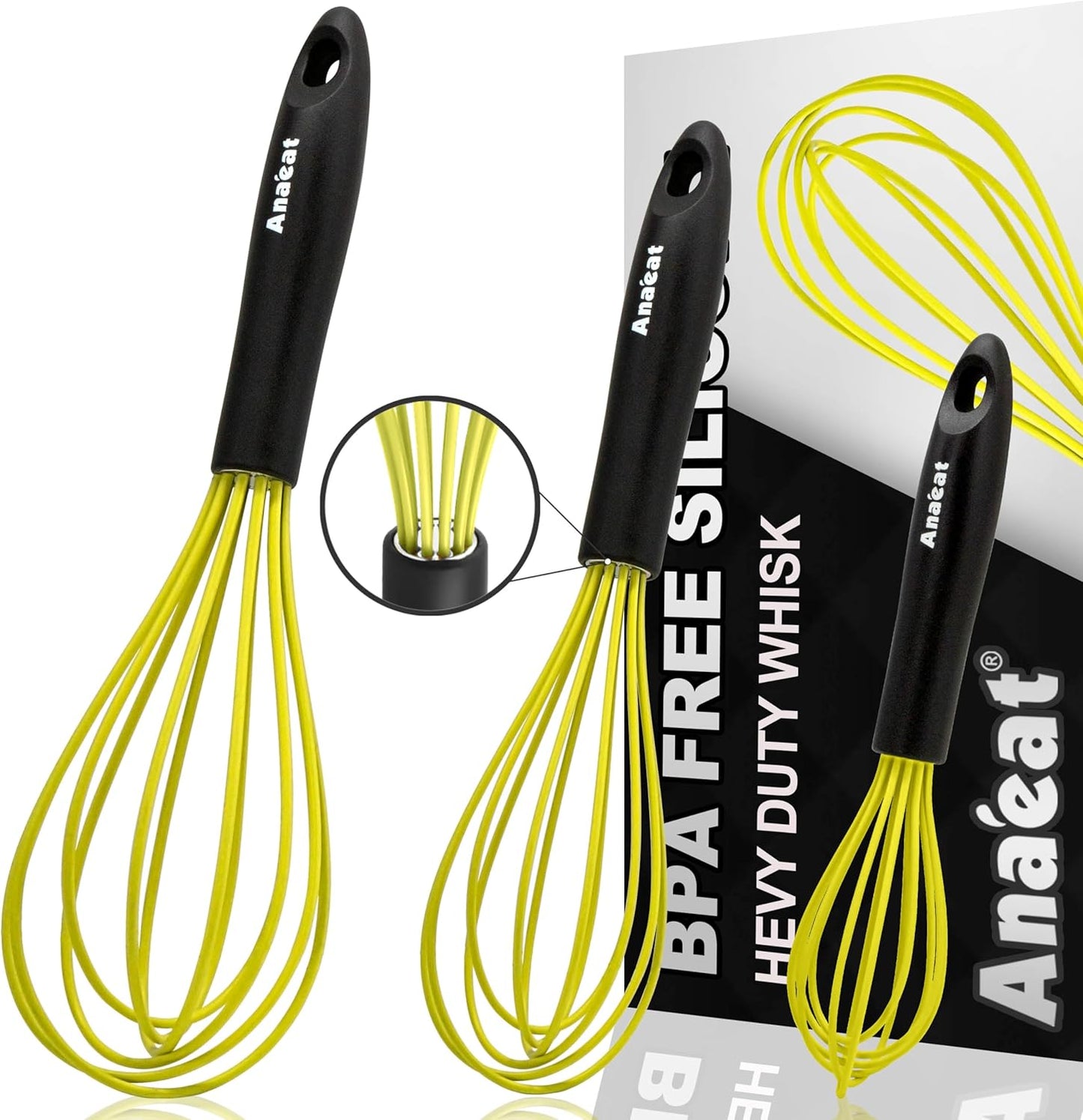 Anaeat Silicone Whisk, Thick Stainless Steel Wire Inner Heat Resistant - Kitchen Whisks for Non-Stick Cookware, Balloon Egg Beater for Whisking, Blending, Beating, Frothing & Stirring (Yellow)