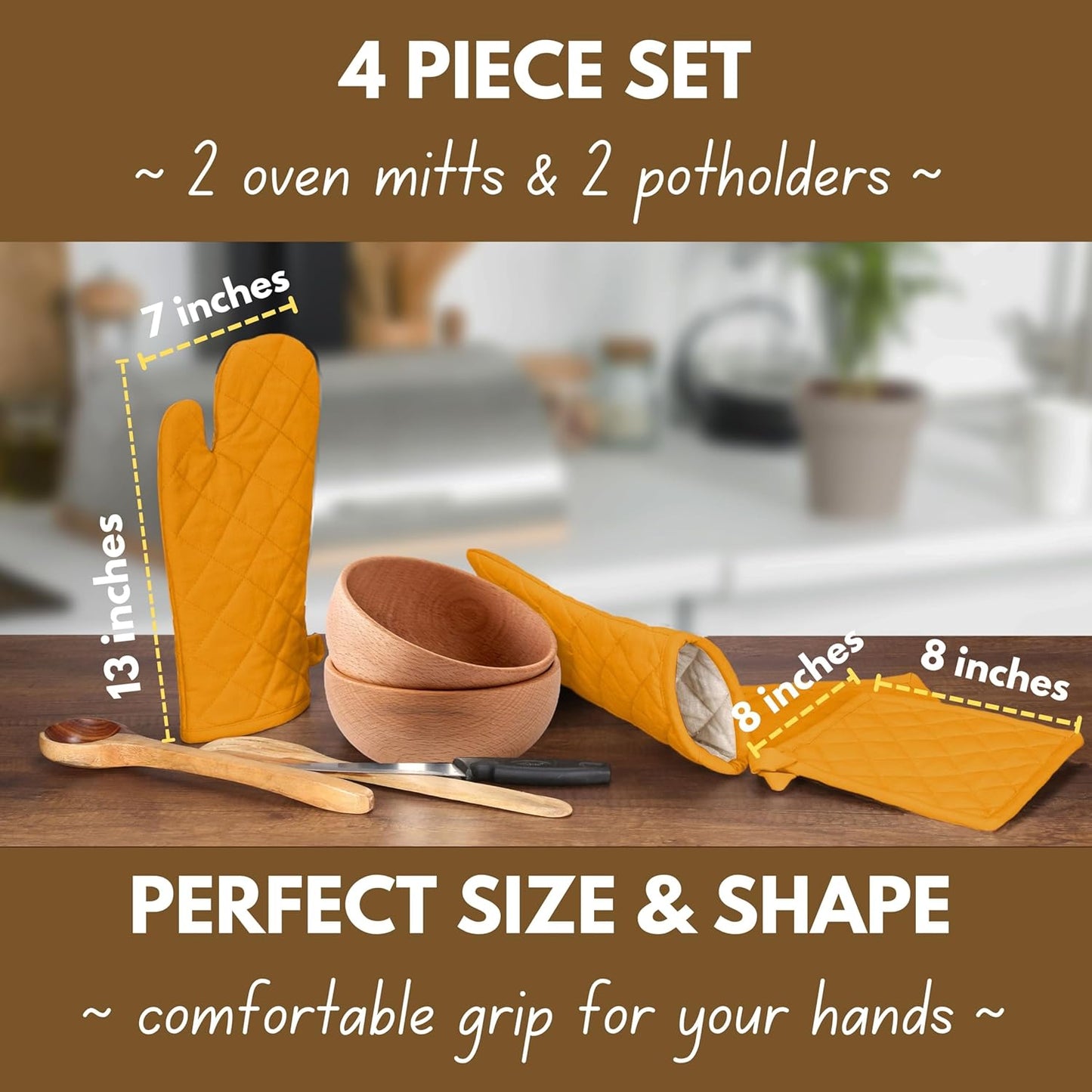 Native Fab 4 Piece Set - 2 Oven Mitts & 2 Potholders, Heat Resistant, 100% Cotton, Quilted Design, Non-Slip Grip, Machine Washable, Ideal for Baking, Cooking, BBQ, Kitchen Protection - Mustard Yellow