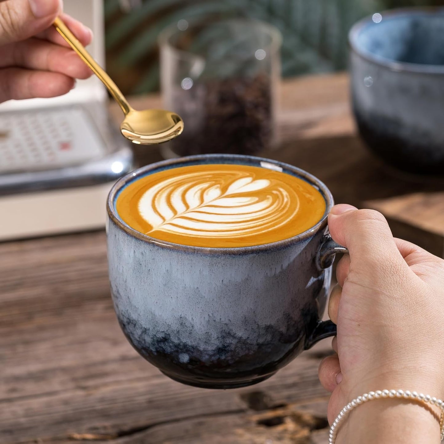 Coffee Mug Set of 4 - Ceramic 15 oz Coffee Cup with Handle, Large Stoneware Cups for Tea Milk Latte Cappuccino, Unique Hand-Painted Mug for Men Women Office Work (Marble Gray)