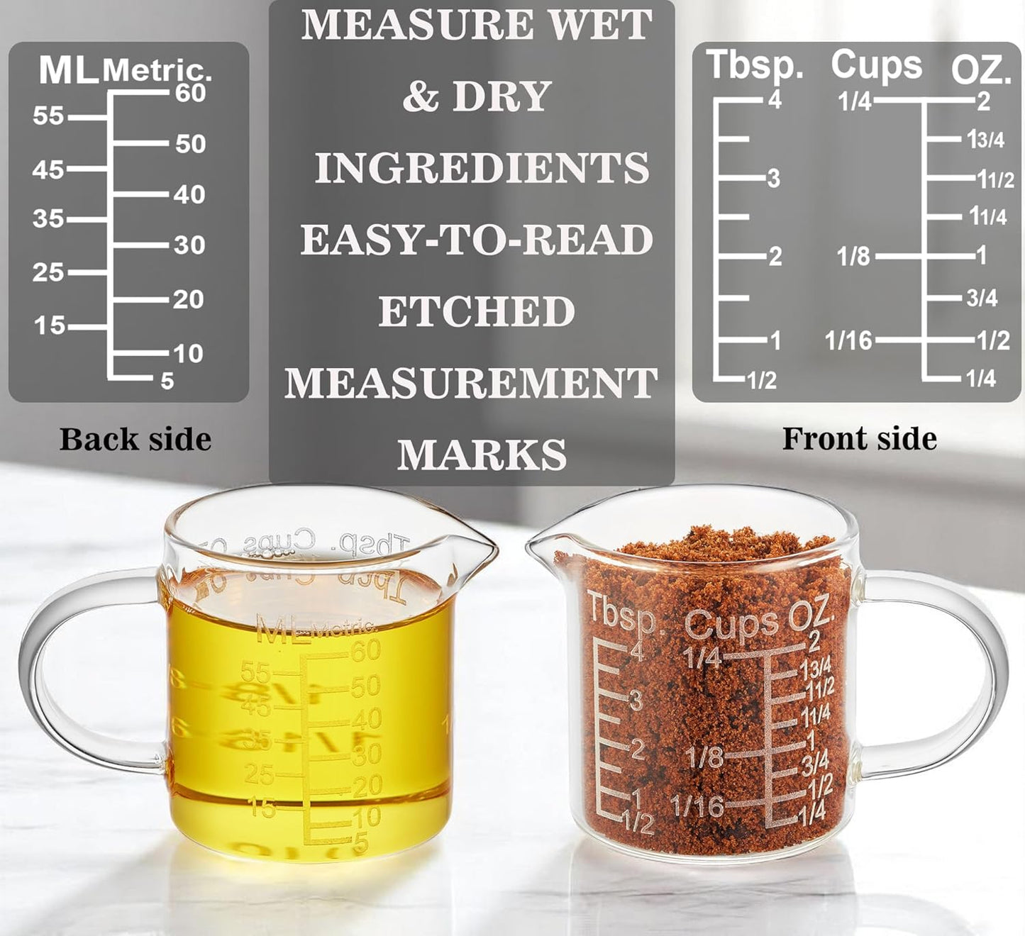 Ackers Etching Scale Measuring Glass -[Insulated handle | V-Shaped Spout]-Made of High Borosilicate Glass Measuring for Kitchen or Restaurant, Easy to Read, 60 ML (2 Oz) 丨(2 Pack)
