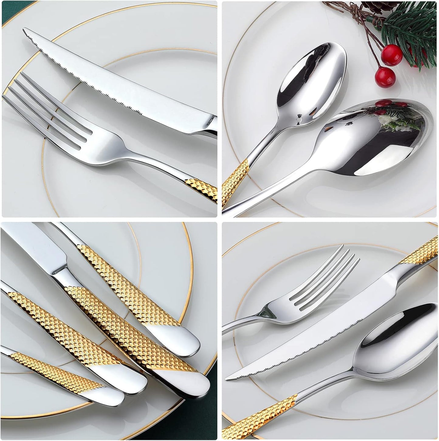 Hammered Silver Gold Silverware Set, OGORI 24-Piece 18/10 Stainless Steel Flatware Set, Service of 6