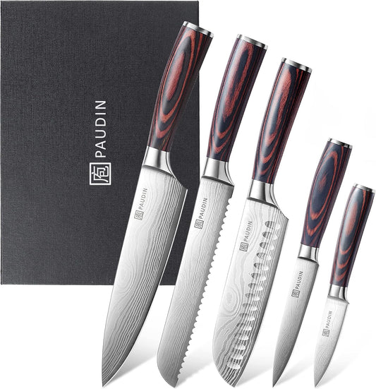 PAUDIN Kitchen Knife Set, Ultra Sharp Knife Set with Pakkawood Handle, High Carbon Stainless Steel Knives Set for Kitchen, 5 Piece Chef Knife Set Come with Gift Box