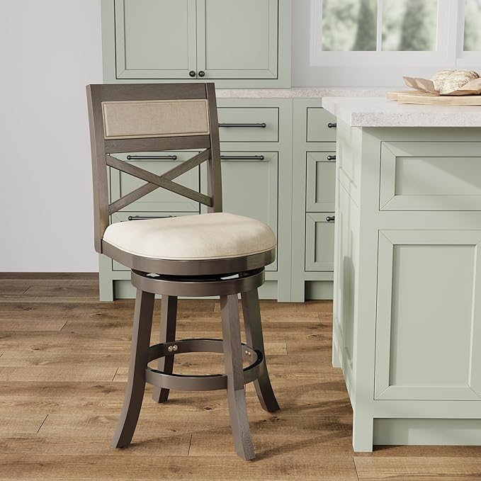 DTY Indoor Living Meeker 24 Inch Counter Height Bar Stools with Backs - Wooden Swivel Counter Stools for Kitchen Island - Beige Fabric Seat, Solid Wood Frame, Weathered Gray Finish