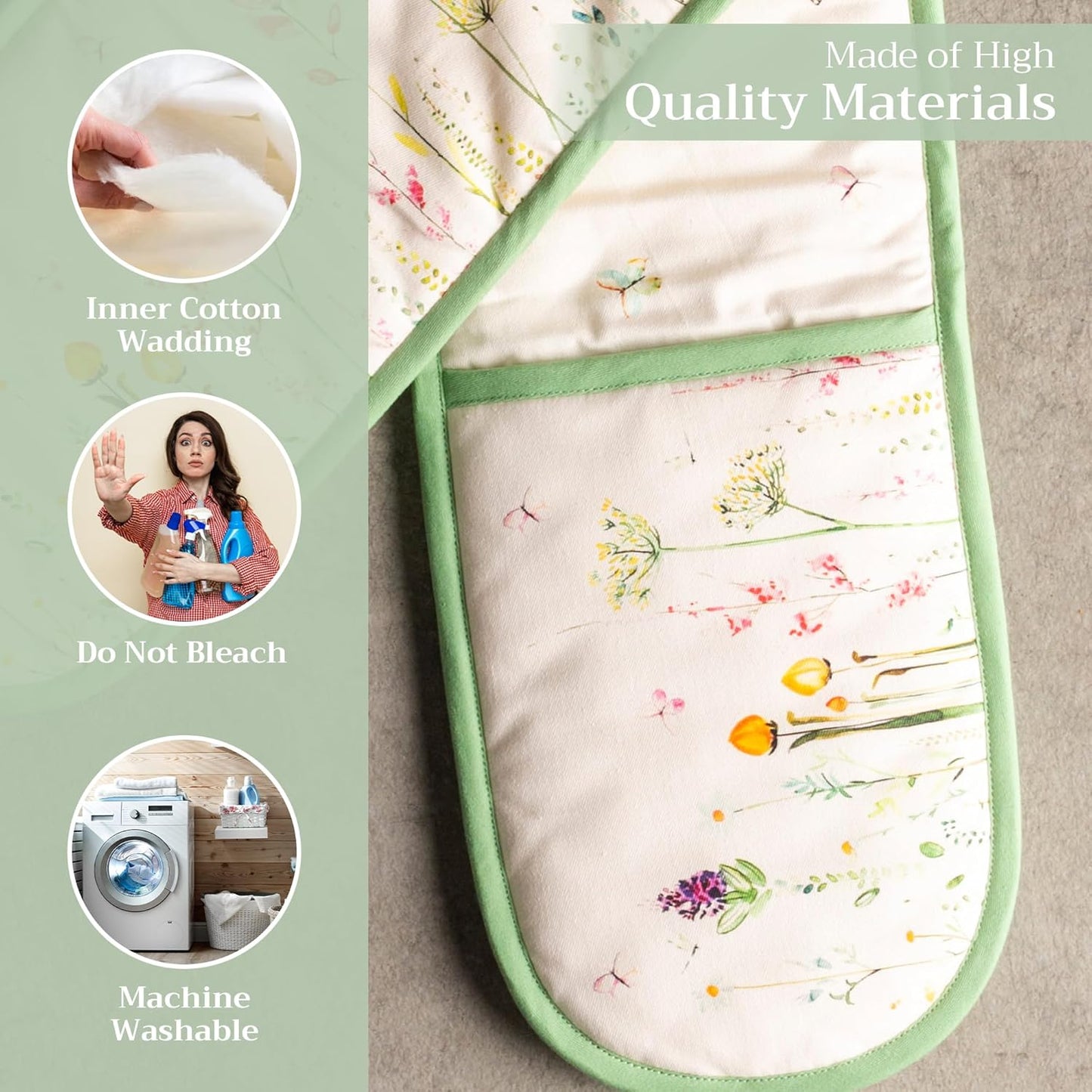 Maison d' Hermine Double Oven Mitts 100% Cotton 7"x35" Double Oven Mitt Heat Resistant BBQ Cooking Gloves with Loop, Baking, Grilling, Home, Kitchen, Handling Hot Pans Spring Summer (Botanical Fresh)