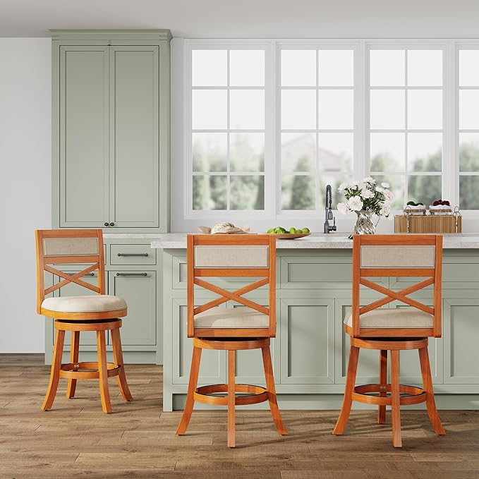 DTY Indoor Living Meeker 24 Inch Counter Height Bar Stools with Backs - Wooden Swivel Counter Stools for Kitchen Island - Beige Fabric Seat, Solid Wood Frame, Natural Finish