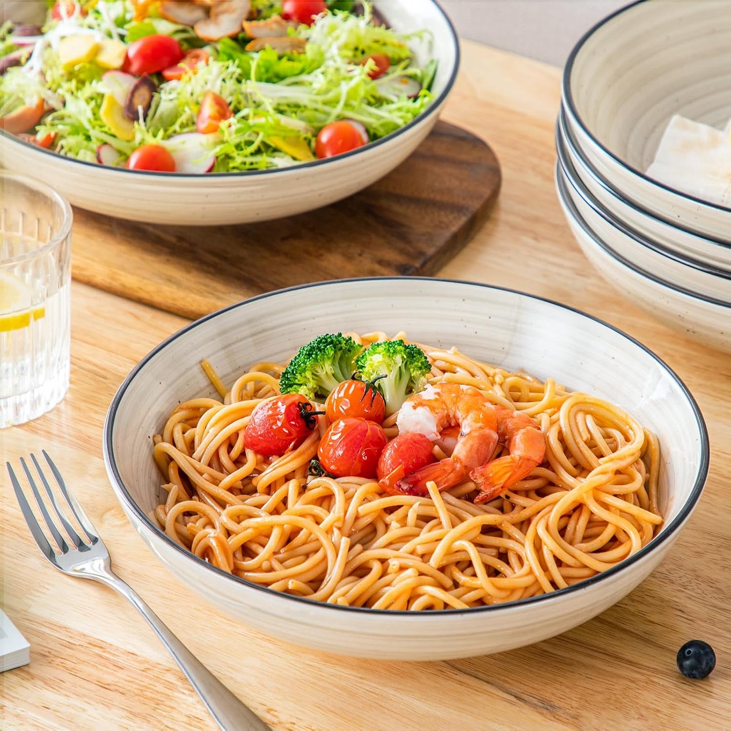 vancasso Bonbon Large Pasta Bowls Set of 6, 50 Oz Ceramic Salad Bowls, Wide and Shallow Bowls Set, Large Serving Bowls for Kitchen, Beige