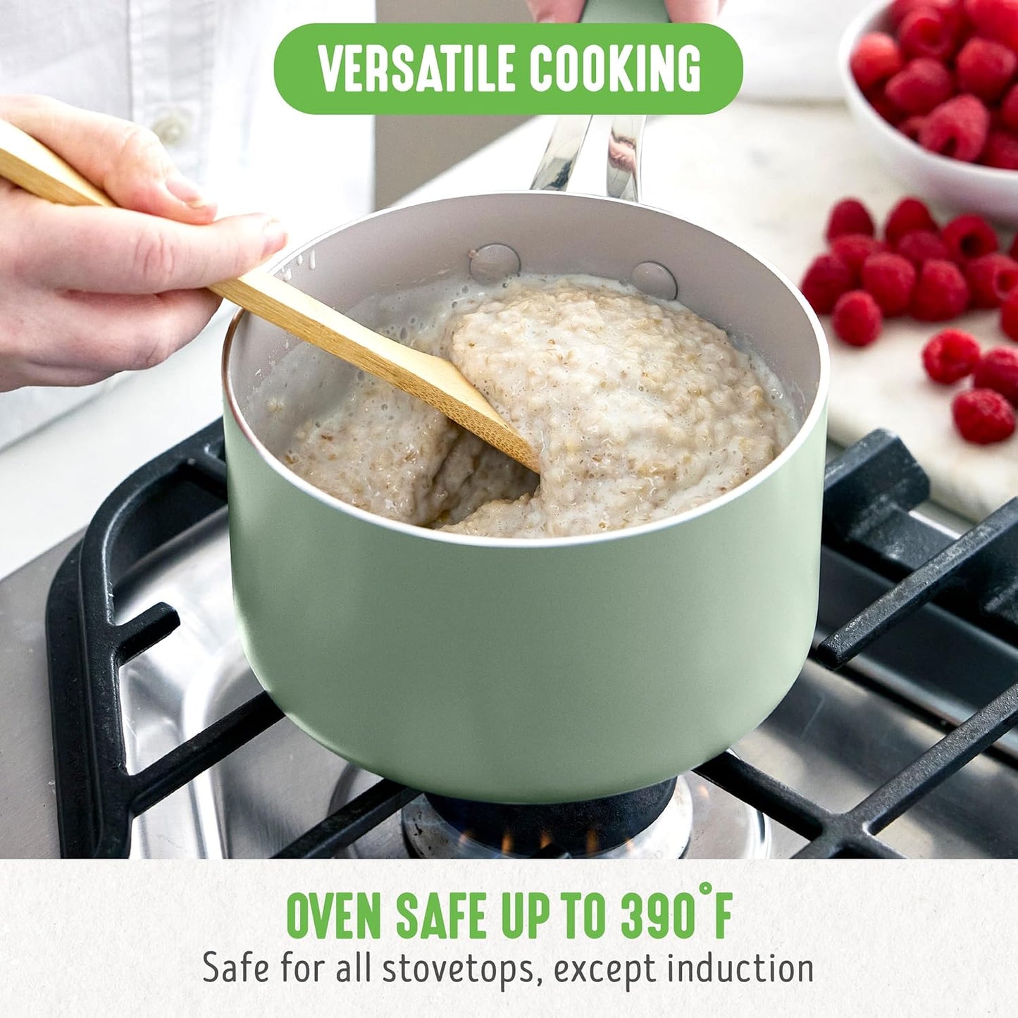 GreenLife 2 Quart Nonstick Saucepan with Lid, Lightweight Healthy PFAS-Free Milk Pan, Dishwasher & Oven Safe Soup Pan, Durable Body, Silicone Stay-Cool Handle, Easy Release Chef’s Pan, Sage Green