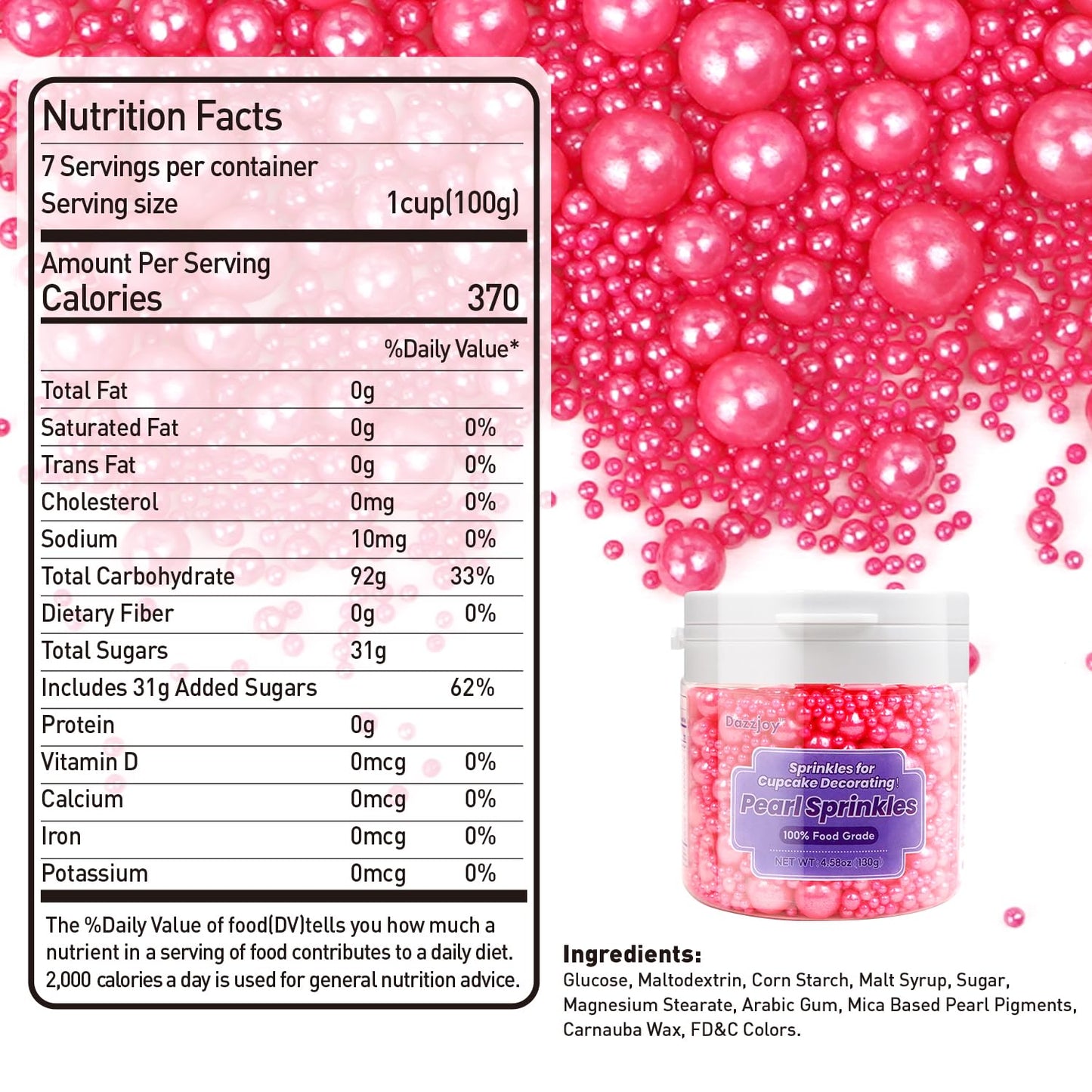Edible Deep Pink Pearl Sprinkles, Edible Sugar Pearls, 130g/4.58oz, Pink Pearls Sprinkles for Cupcake Decorating, Cupcake Toppers, Cake Decorations