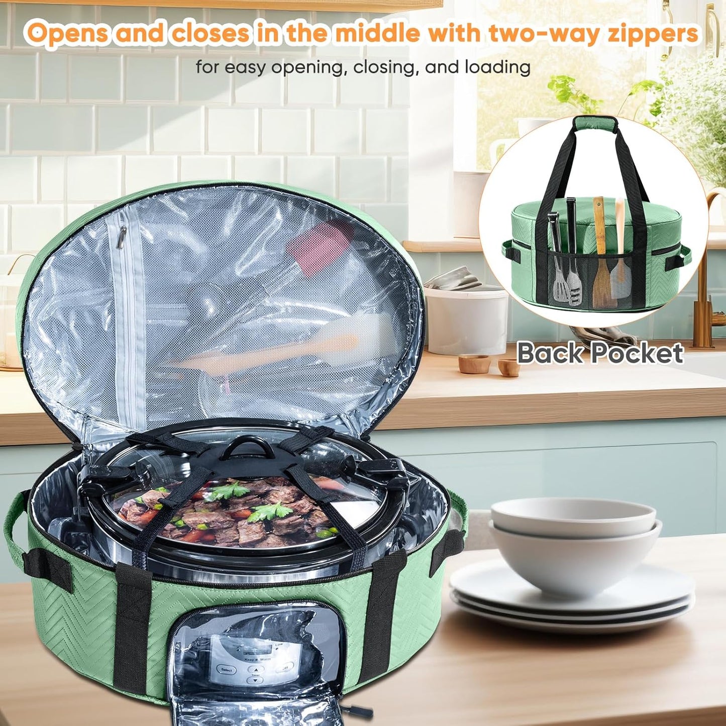 Insulated Slow Cooker Carrying Bag for 6-8 Quart CrockPot and Hamilton Beach Slow Cooker with See-thought Window, Portable Carrier Case with Adjustable Band and Accessory Pocket