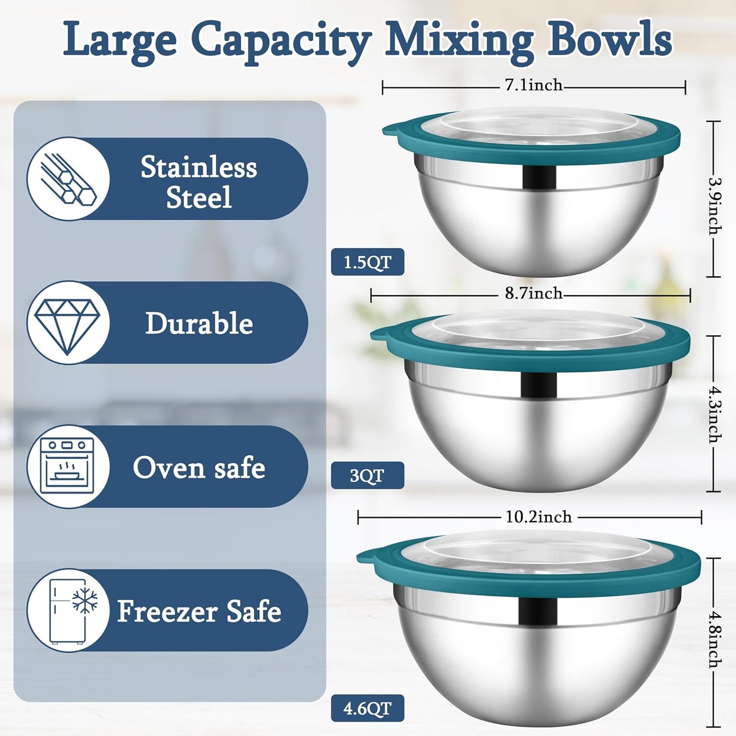 LIANYU Stainless Steel Metal Mixing Bowls, 3 Packs Deep Nesting Mixing Bowls Set for Baking Cooking and Prepping, 4.6 & 3 & 1.5QT Large and Small Size, Include Visible & Airtight Lid, Blue