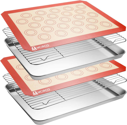 MCIRCO 6 Piece Stainless Steel Baking Sheet with Rack with Silicone Baking Mat Set (2 Pans + 2 Racks + 2 Mats), 17.3 x 13 x 1 Inch Cookie Sheet with Cooling Rack, Easy Clean