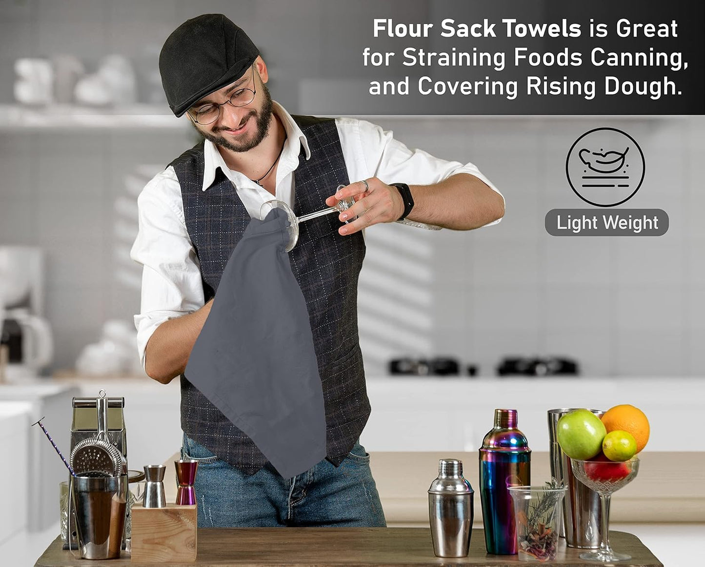 RUVANTI Flour Sack Towels 12 Pack 28 x 28 Inches, Ring Spun 100% Cotton Dish Towel, Machine Washable, Absorbent - Flour Sack Kitchen Towels for Drying and Cleaning - Grey