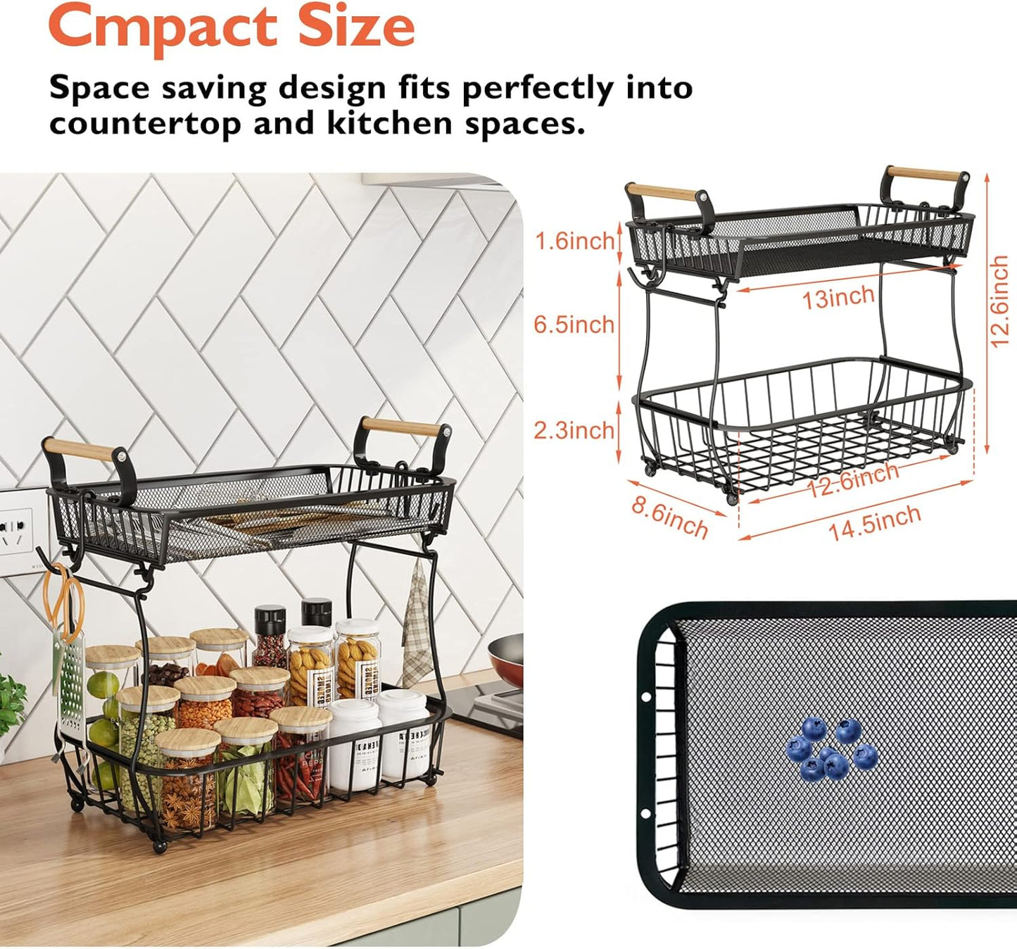 ANTOPY 2 Tier Fruit Basket with 2 Banana Hangers, Countertop Fruit Vegetable Basket Bowl for Kitchen Counter Metal Mesh Basket Fruits Stand Produce Holder Organizer for Onion Potato Bread Snack Veggie