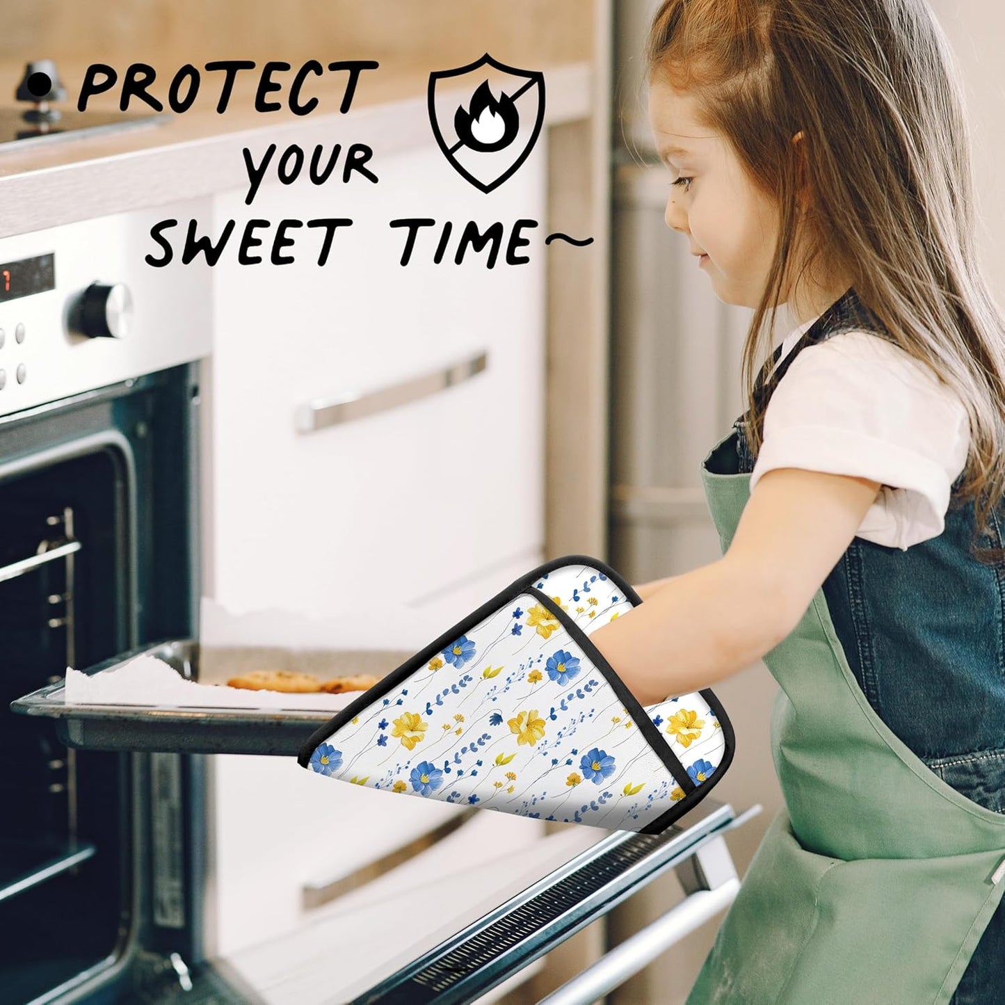 Blue and Yellow Floral Oven Mitts Set, Blue Flower Floral Heat Resistant Kitchen Oven Gloves for Baking and Cooking,Pot Holders