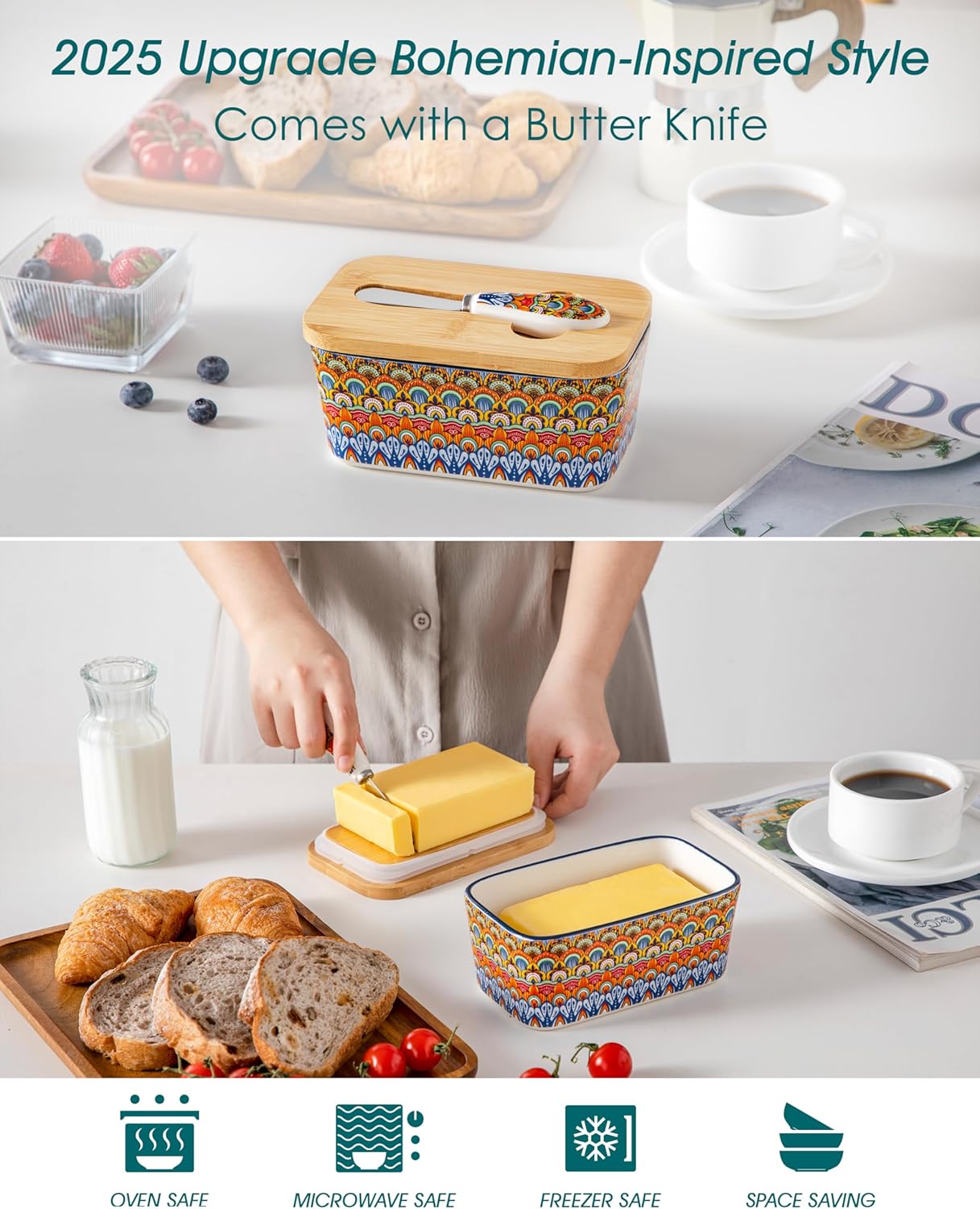 vancasso SIMI Butter Dish with Lid, 6.5" Large Butter Dish for Countertop, Bohemian Ceramic Butter Keeper Container with Knife and Bamboo Lid, Butter Holder for Counter, Regal Bloom