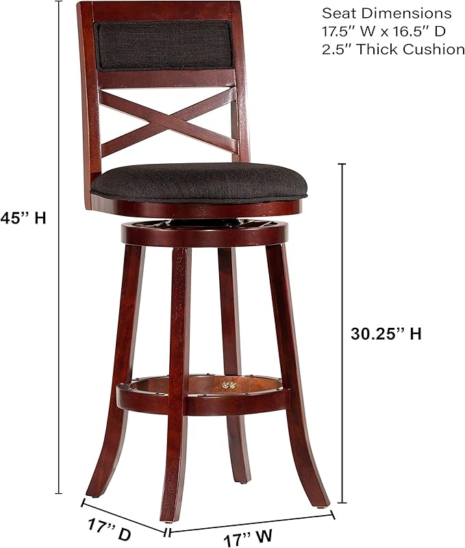 DTY Indoor Living Meeker X Back Fabric Swivel Stool, 30” Bar Height, Espresso Finish, Charcoal Fabric Seat