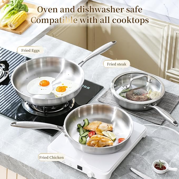 DELARLO Tri-ply Stainless Steel Frying Pan Set with Lid 8"10"12" Induction large Skillets Chef's Pan,Pots and Pans Set Kitchen Cookware Set Suitable for All Stove