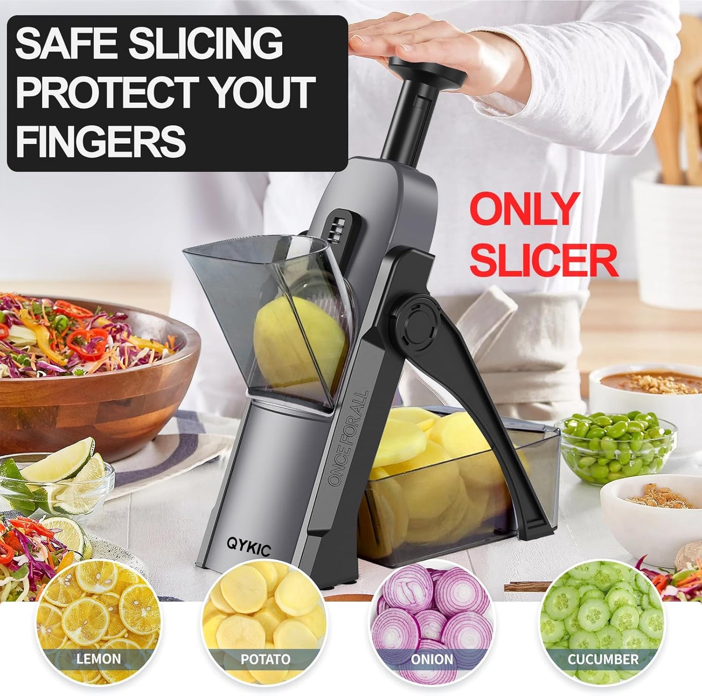 Safe Mandoline Slicer, Potato Clips Vegetable Food Cutter, Thickness Adjustable for Cucumber Onion Lemon with Vegetable Peeler (Only Slicer) Black