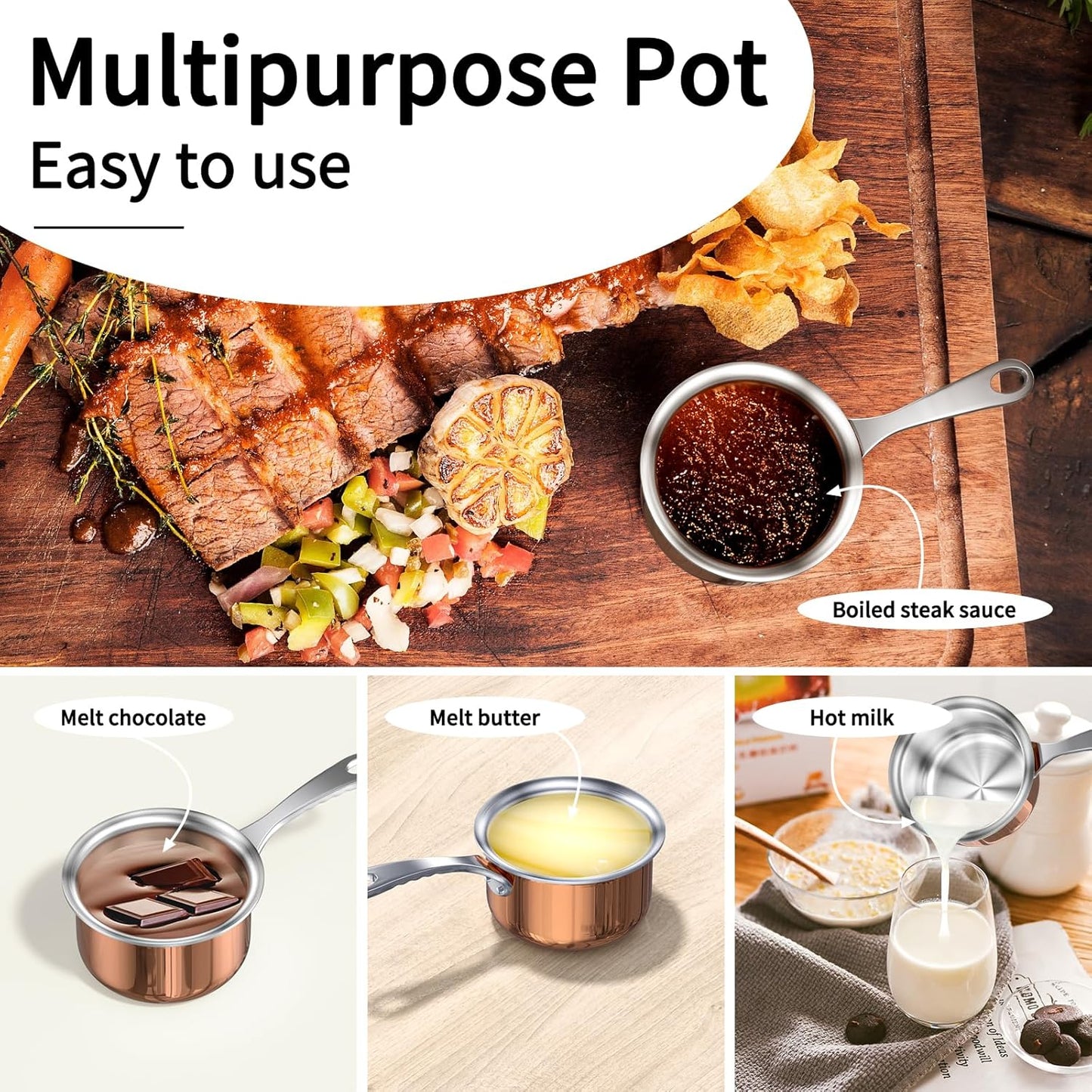 Macevia Mini Sauce Pan with Lid,Copper Butter Warmer Small Pot, Multipurpose Use for Home Kitchen or Restaurant (10.8oz/320ml)