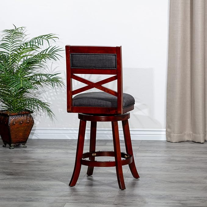 DTY Indoor Living Meeker X Back Fabric Swivel Stool, 30” Bar Height, Cherry Finish, Charcoal Fabric Seat