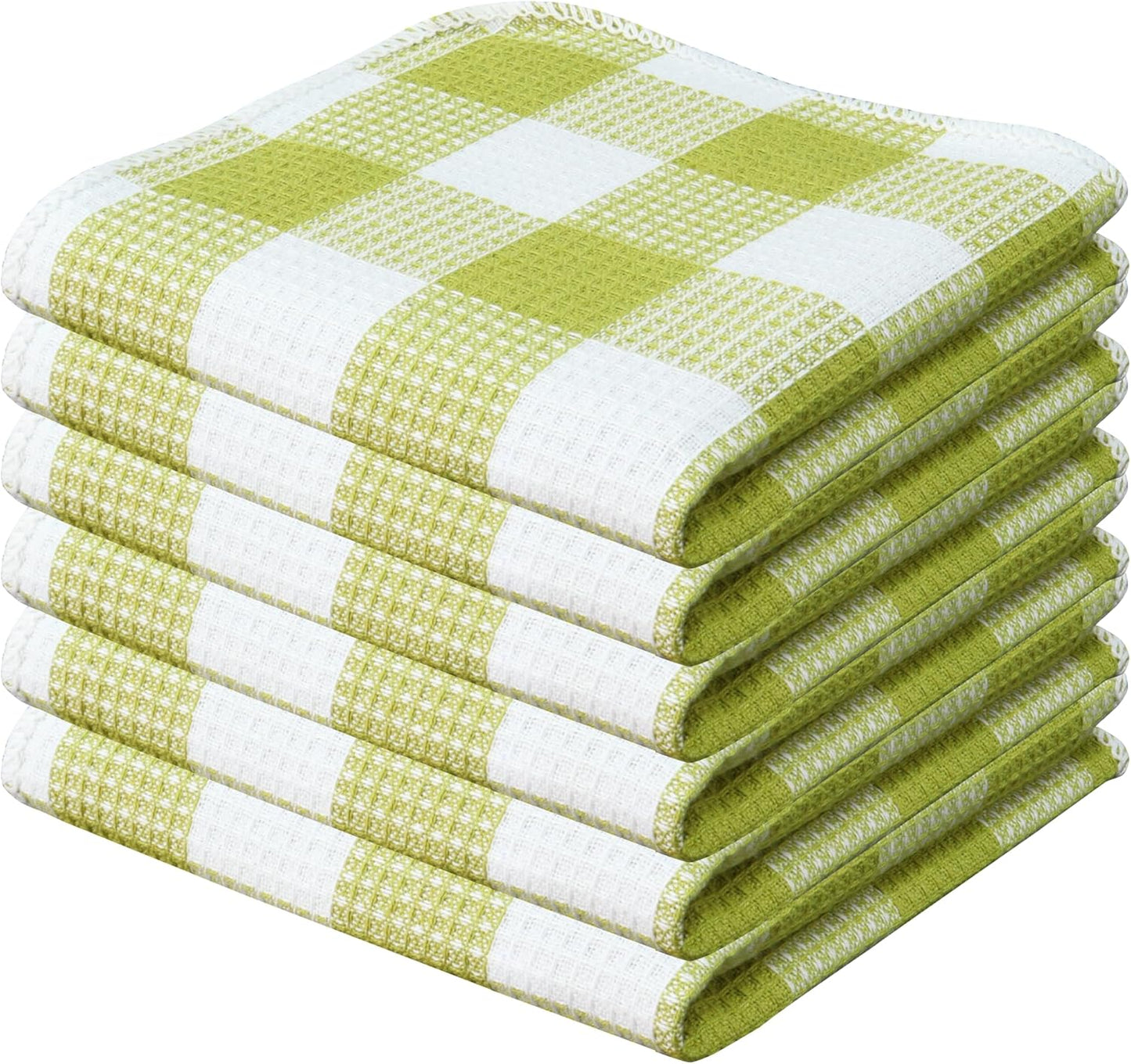 Waffle Weave Plaid Dish Cloths, 100% Cotton - 12 x 12 Inches, Ultra Soft Absorbent Quick Drying Dish Towels Buffalo Check Dish Rags for Kitchen, 6 Pack - Spring Summer - Light Green and White