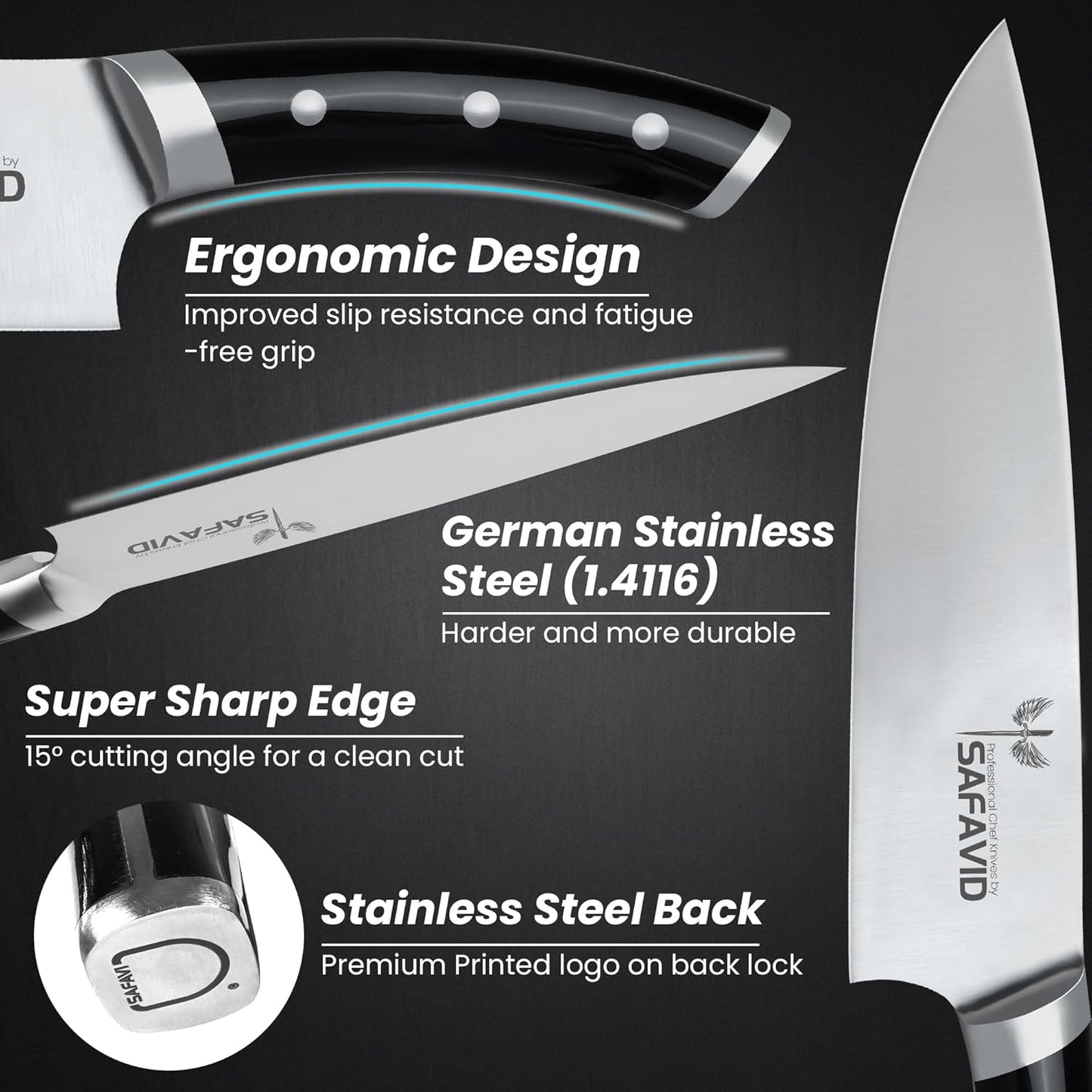 Crystal Edge German tech Chef Knife – Ultra Sharp German Stainless Steel Blade, Ergonomic Handle, Precision Cutting, Professional Kitchen Knife for Slicing, Chopping & Mincing (Premium)