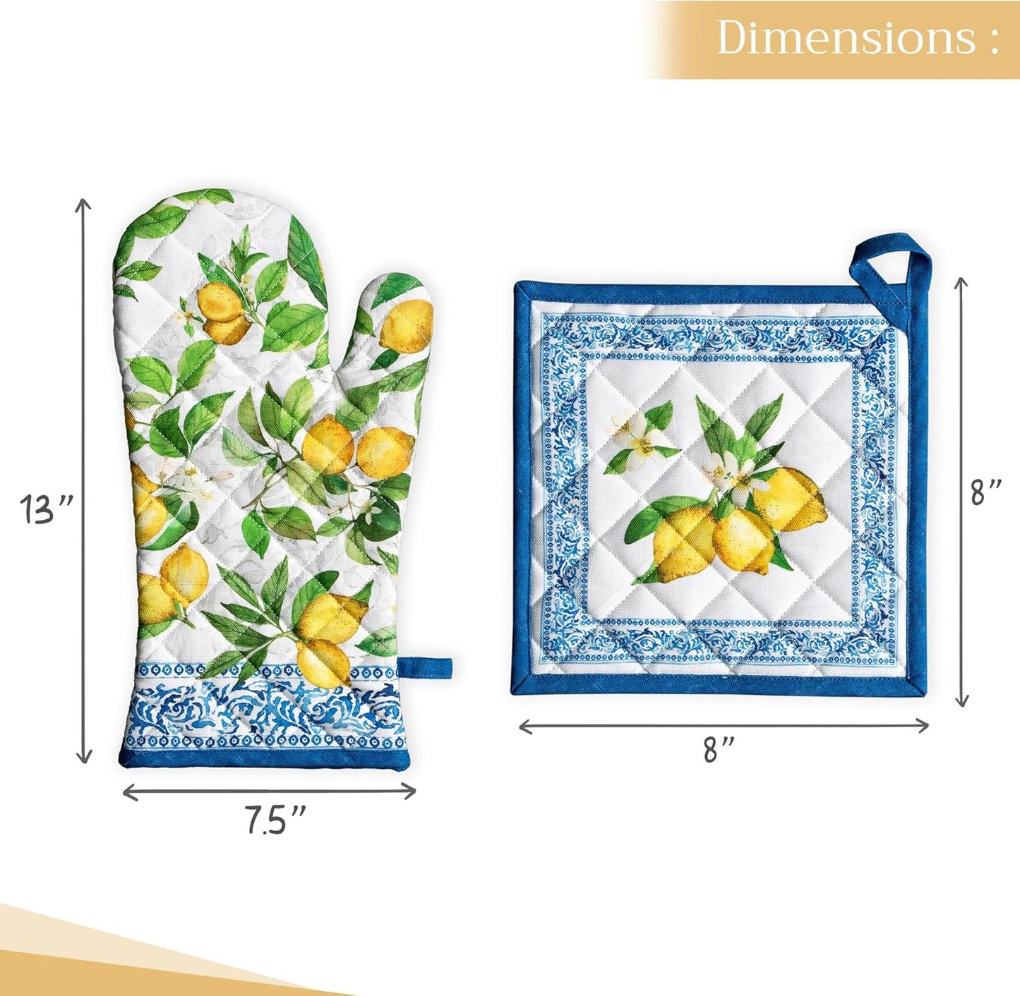 Maison d' Hermine 100% Cotton Oven Mitt & Pot Holder Set (7.5"x13" & 8"x8") Heat Resistant BBQ Cooking Gloves with Loop, Baking, Grilling, Kitchen, Handling Hot Pans Spring/Summer (Cedrat)