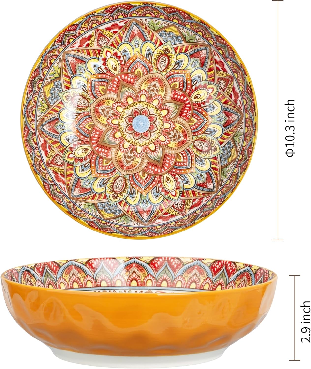 75 Oz Serving Bowls,Bohemian Style Large Porcelain Dishes for Entertaining Parties,Big Bowls for Eating Soup, Salad, Pasta, Fruit, Chips, 10.3 Inch Diameter (orange Beige)