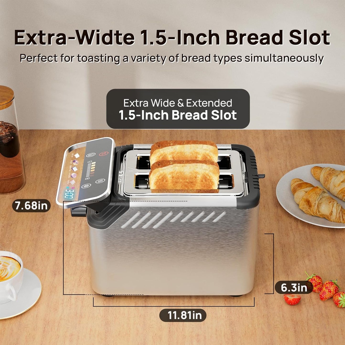 WHALL Toaster 2 Slice, Touch Screen Toasters with Projection Display, 1.5" Wide Slot, 5 Bread Types & 11 Shade Settings, Digital Timer, Warming Rack, Crumb Tray, Reheat/Defrost, Silver