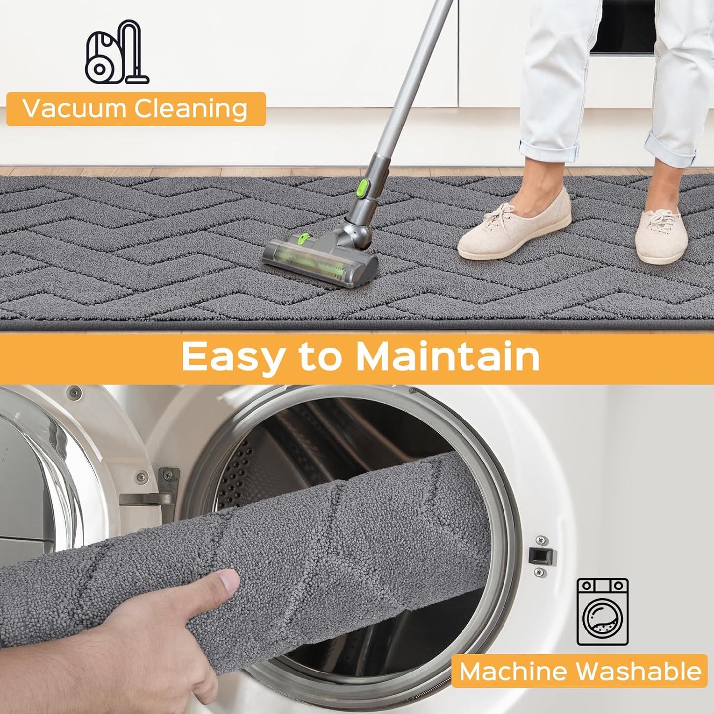 Machine Washable Kitchen Rugs Set (24" x 36"+24" x 60"), Non-Slip Kitchen Runner Rugs Mats for Floor, Absorbent Comfort Standing Mats for Kitchen, Sink and Hallway, Rolled Packaging, Grey