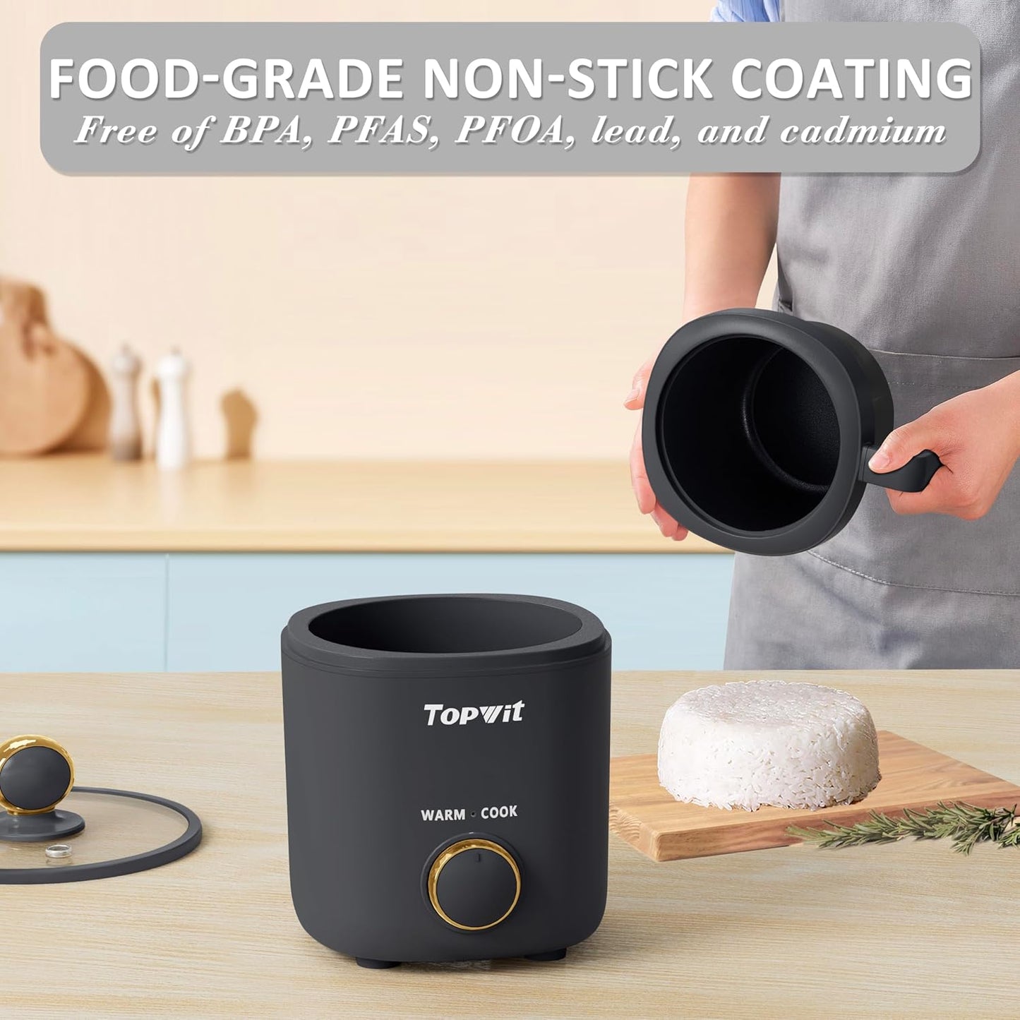 TOPWIT Rice Cooker Small, Mini Rice Cooker 2 Cups Uncooked, 1.2L Portable Rice Maker with Non-stick Coating, BPA Free, One Touch & Keep Warm Function, Grey