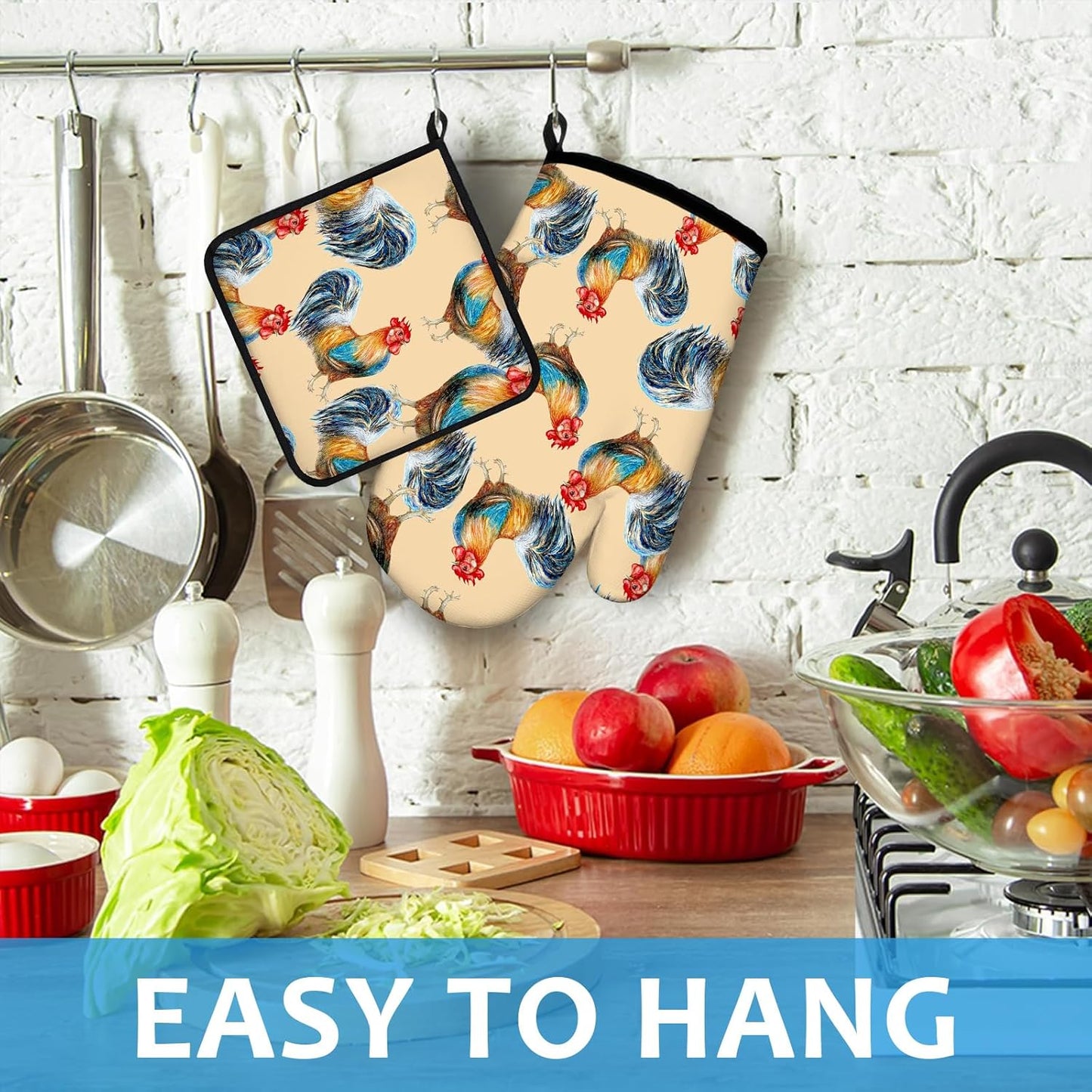 Watercolor Rooster Oven Mitts and Pot Holders Sets Heat Resistant 4Pcs Potholders Oven Gloves Hot Pads for Kitchen Baking Cooking Grilling BBQ