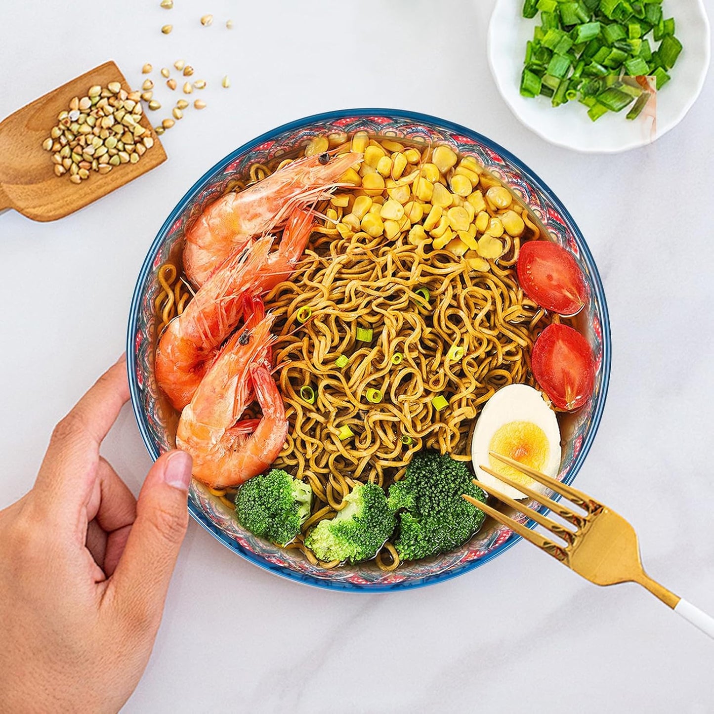 75 Oz Serving Bowls,Bohemian Style Large Porcelain Dishes for Entertaining Parties,Big Bowls for Eating Soup, Salad, Pasta, Fruit, Chips, 10.3 Inch Diameter (blue blue)