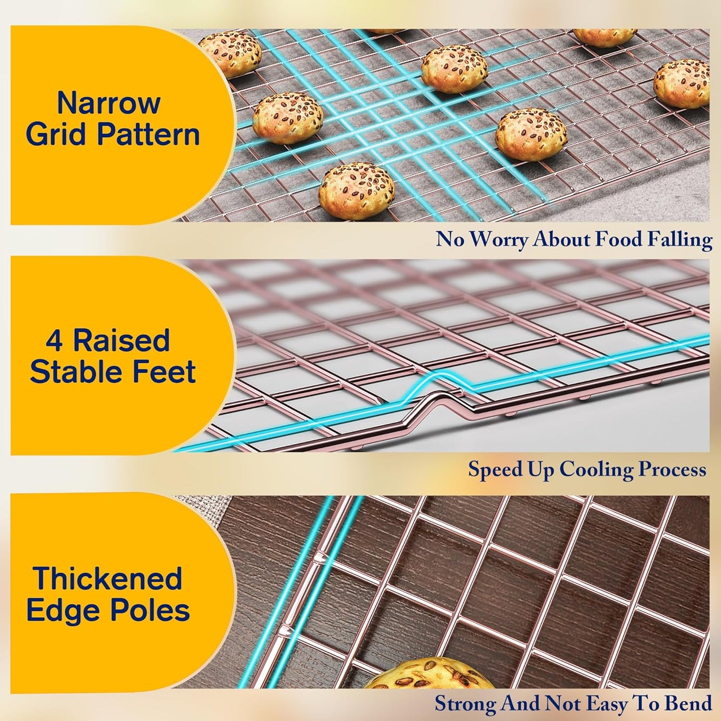 2-Pack Cooling Racks for Cooking and Baking - 10" x 15"Heavy Duty Stainless Steel Wire Rack for Baking, Grilling, Roasting - Oven & Dishwasher Safe - Fits Jelly Roll Sheet Pan（Rose Gold）