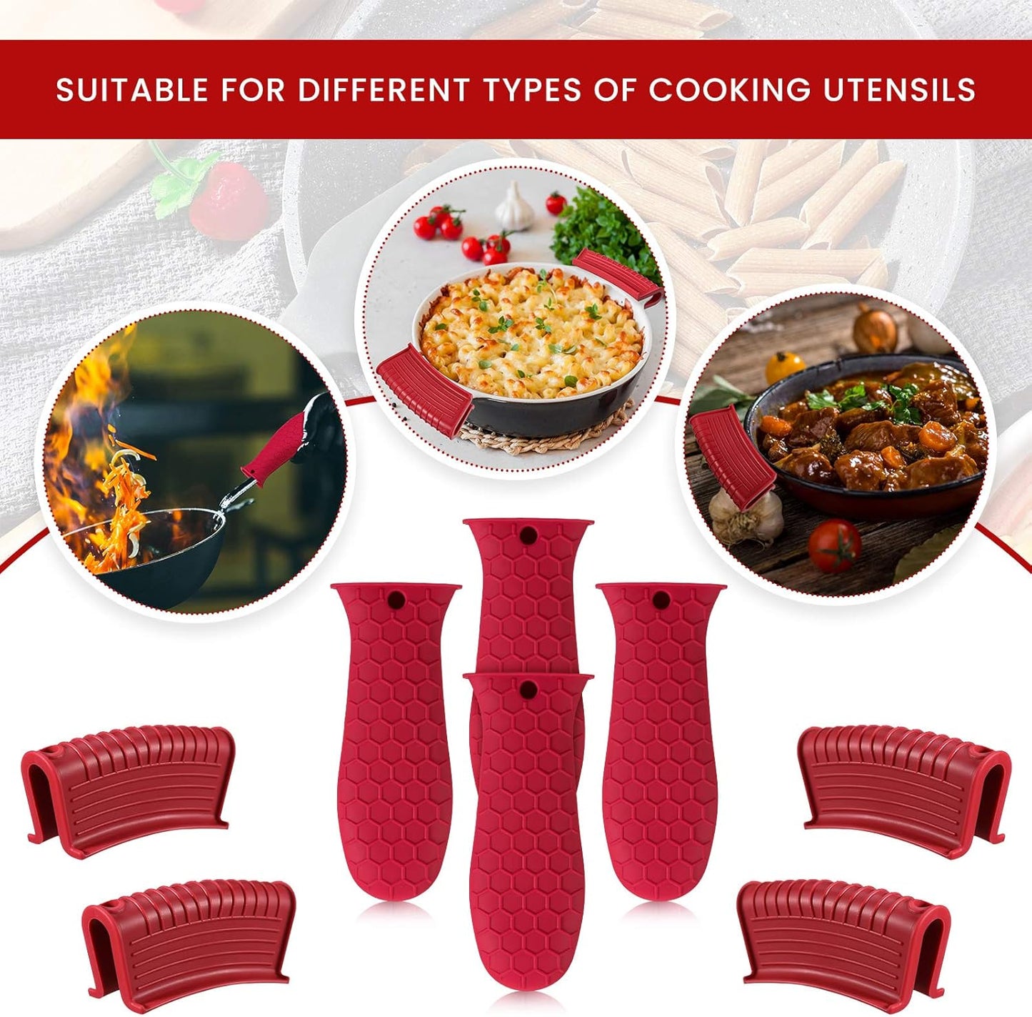 Patelai 8 Pcs Silicone Pot Holders Set Cast Iron Handle Cover Heat Resistant Pot Handle Covers Potholder Non Slip Reusable Pan Sleeve for Frying Pan Kitchen Supplies(Red)