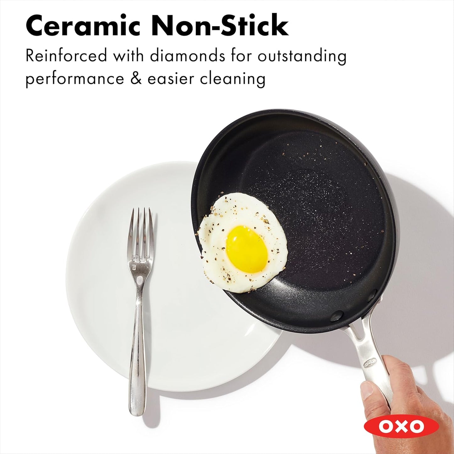 OXO Enhanced 8" Frying Pan Skillet, PFAS-Free Ceramic Nonstick, Durable Hard Anodized Cookware, Scratch Resistant, Stainless Steel Handle, Good Grips, Dishwasher Safe, Oven safe, Black