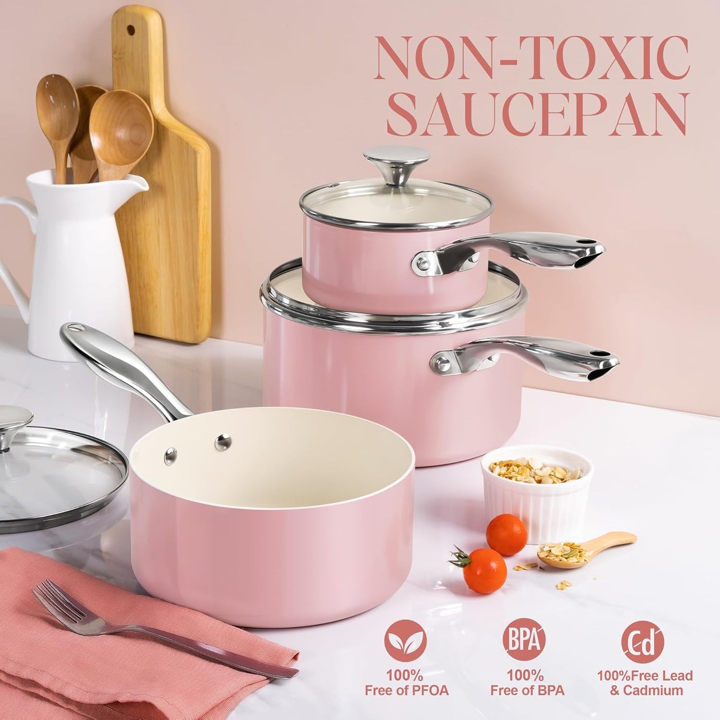 MICHELANGELO Sauce Pan with Lid, Non Stick Saucepan Set of 3-1Qt & 2Qt & 3Qt Small Pots for Cooking, Ceramic Saucepan - Non-Toxic, Scratch-Resistant, Oven Safe, Pink