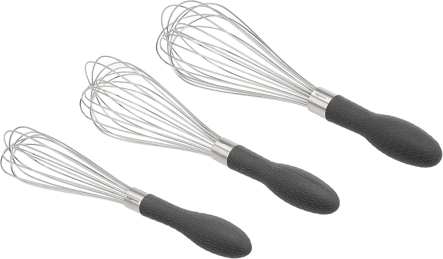 Amazon Basics Stainless Steel Wire Whisk Set for Cooking, Dishwasher Safe, 3 Piece, Black/Silver